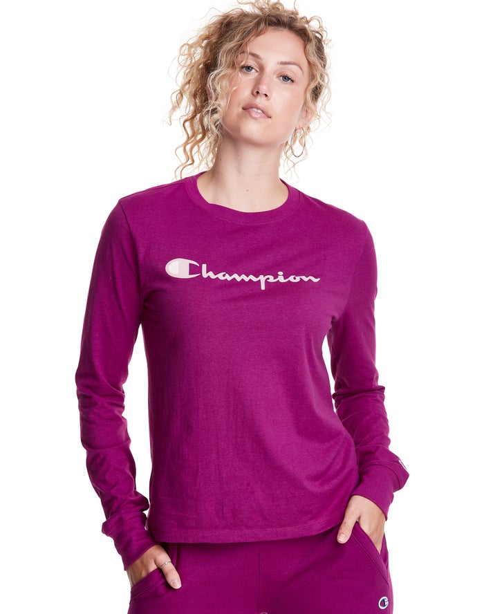 Camiseta Champion Mujer - Classic Long-Sleeve Script Logo ( Rosas ) 8759301-CW